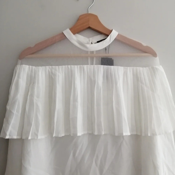 NWT Maje Lemia Pleated Ruffle Overlay Mesh Ecru White Blouse Maje 2 (Medium) - Picture 5 of 16